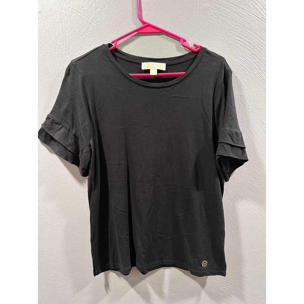 Michael Kors Womens Black Ruffle Sleeve Crew Neck T-Shirt Gold MK Logo Top L
